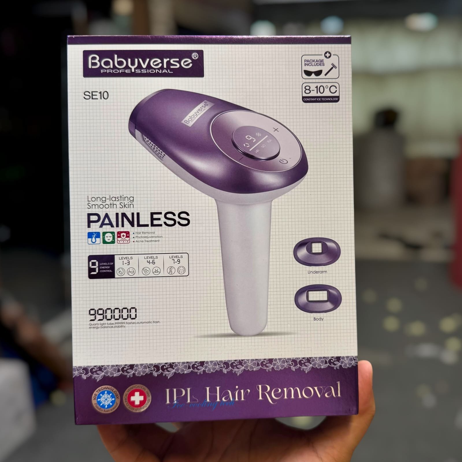 Babyverse Professional SE10 IPL Hair Removal Device - Painless Ice-Cooling Technology 8-10°C | 990,000 Flashes | 9 Energy Levels | 2-in-1 Attachments for Body & Underarm | Long-Lasting Smooth Skin for Women